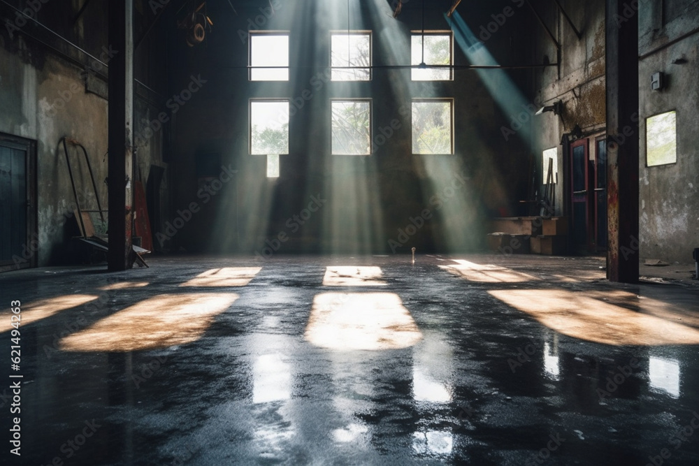 Fototapeta premium An empty, dark, high-ceilinged workshop with a water