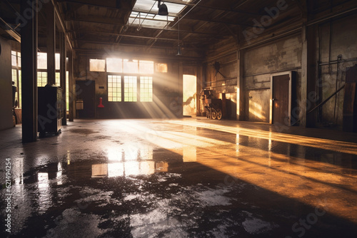 An empty  dark  high-ceilinged workshop with a water