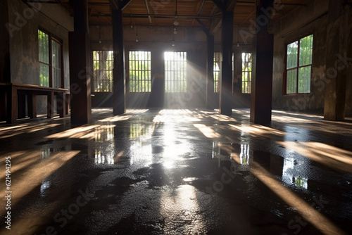 An empty, dark, high-ceilinged workshop with a water