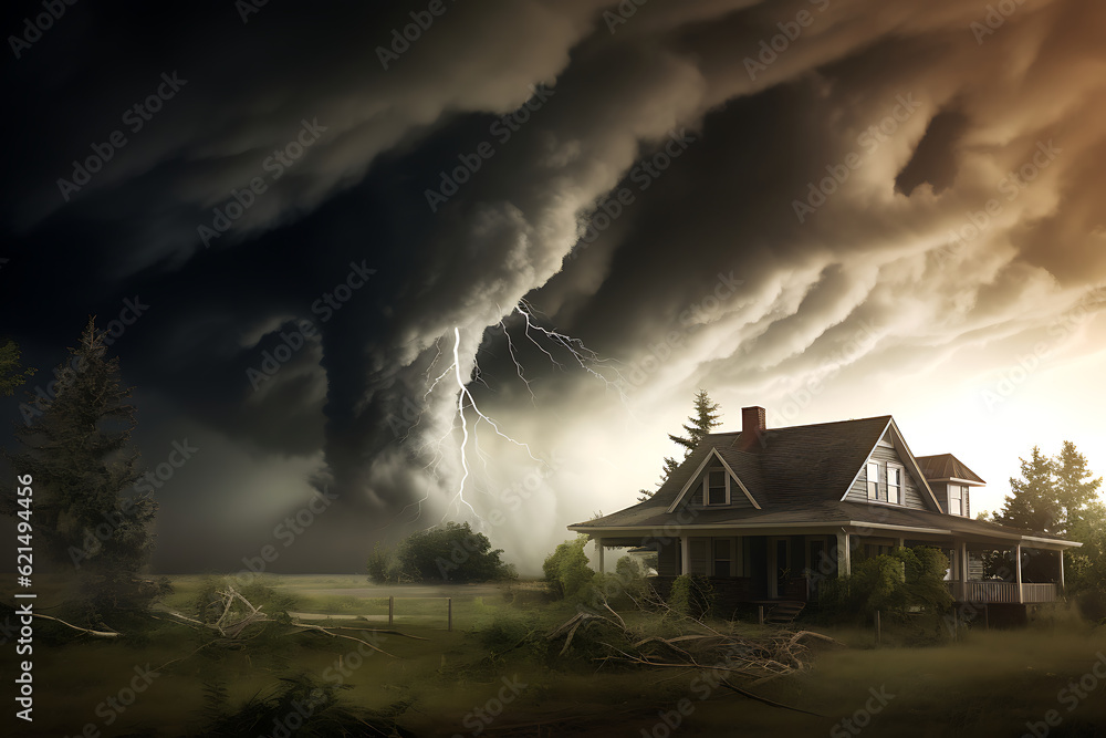 Large tornado approaching house view from ground, generated by AI