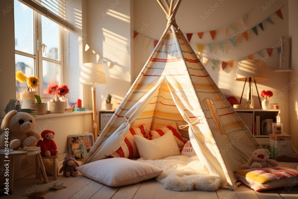 A cream baby tent, string lights, lovely red and yellow cushions in the sun on a creamy white striped wallpaper wall. Parquet floor for kids' bedroom background interior design