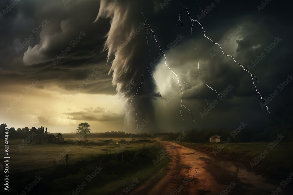 An approaching huge tornado against a background of clouds and lightning, generated by AI
