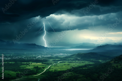 Thunderstorm and molnya in the distance over the city, view from above, generated by AI