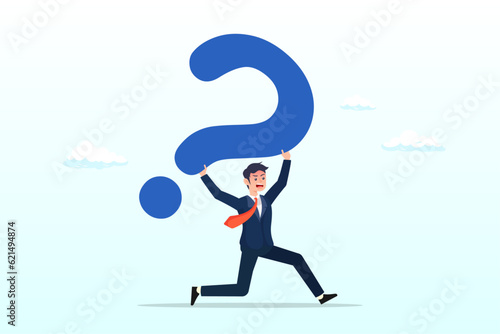 Frustrated tried businessman carrying heavy big question mark sign burden, hard question with no answer or solution, critical business problem, doubtful or stress burden concept (Vector)