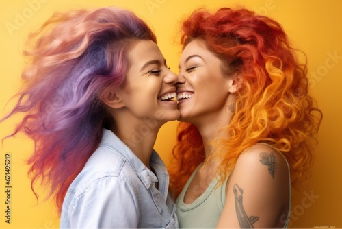 In colorful setting, two LGBTQ women with vibrant hair kissing, happiness and acceptance