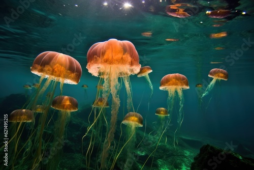 In turquoise waters delicate jellyfish ballet takes place