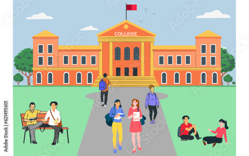 Group of happy students are spending time at college campus. Young people walking together, talking, sitting on bench and on grass. Vector illustration.