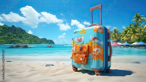 summer beach with travel accessory, 3d render suitcase 3d illustration © Media Srock
