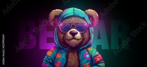 Teddy bear in holographic jacket for graphic t-shirt design, slogan with bear doll. Vector illustration for t-shirt