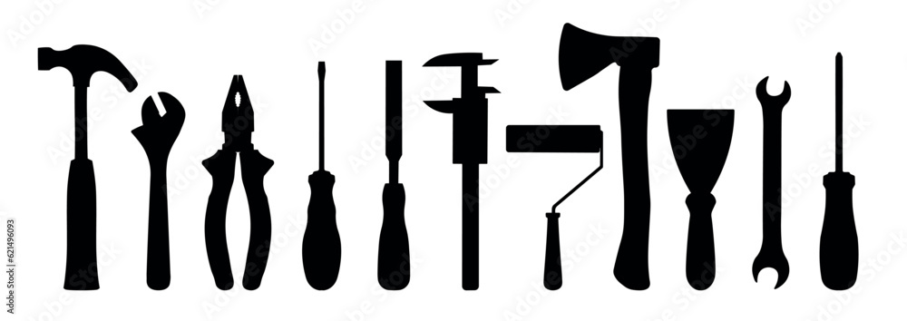 set of hand tools silhouette isolated on white. black silhouette
 - obrazy, fototapety, plakaty 