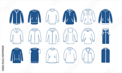Clothes line icons set. Sweatshirt  hoody  pullover  bath suit  jacket  evening dress  cardigan  trousers visualization vector illustration