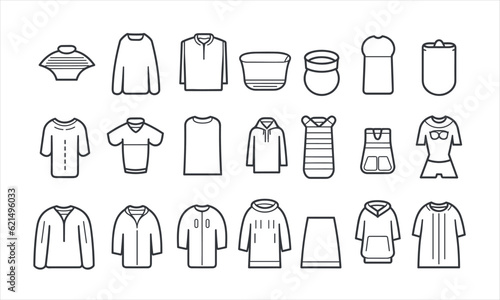 Clothes line icons set. Sweatshirt  hoody  pullover  bath suit  jacket  evening dress  cardigan  trousers visualization vector illustration