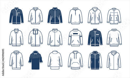 Clothes line icons set. Sweatshirt, hoody, pullover, bath suit, jacket, evening dress, cardigan, trousers visualization vector illustration