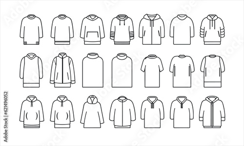 Clothes line icons set. Sweatshirt, hoody, pullover, bath suit, jacket, evening dress, cardigan, trousers visualization vector illustration