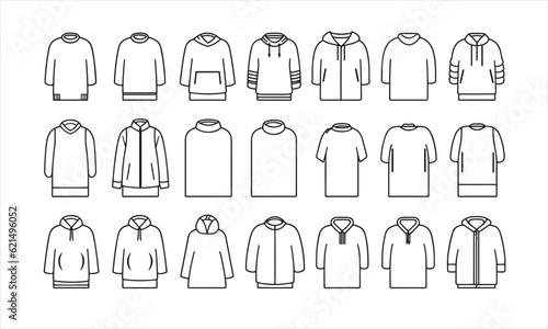 Clothes line icons set. Sweatshirt  hoody  pullover  bath suit  jacket  evening dress  cardigan  trousers visualization vector illustration