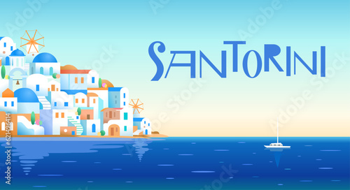 Santorini island  Greece. Beautiful traditional white architecture and blue domed Greek Orthodox churches over the caldera. Scenic travel background. Vector illustrations in wide format.