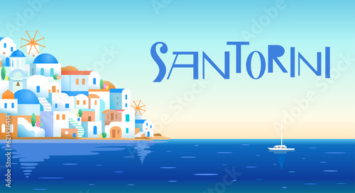 Santorini island, Greece. Beautiful traditional white architecture and blue domed Greek Orthodox churches over the caldera. Scenic travel background. Vector illustrations in wide format.