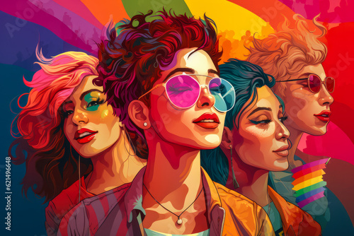 Artwork illustration, vector, banner or background depicting the lesbian community with diverse people. Generative AI.