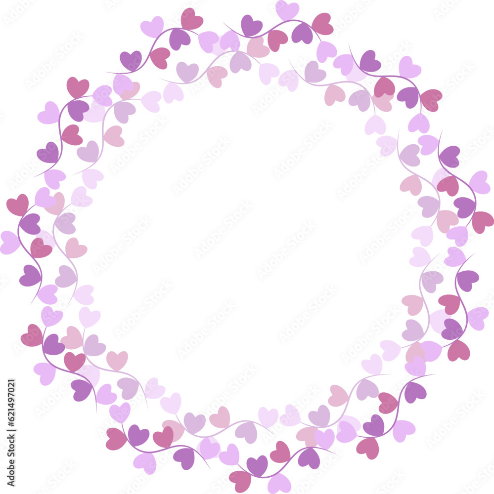Round frame with pink and lilac hearts isolated on white background, vector illustration of gentle hearts. Romantic template. You can place your text in the center.