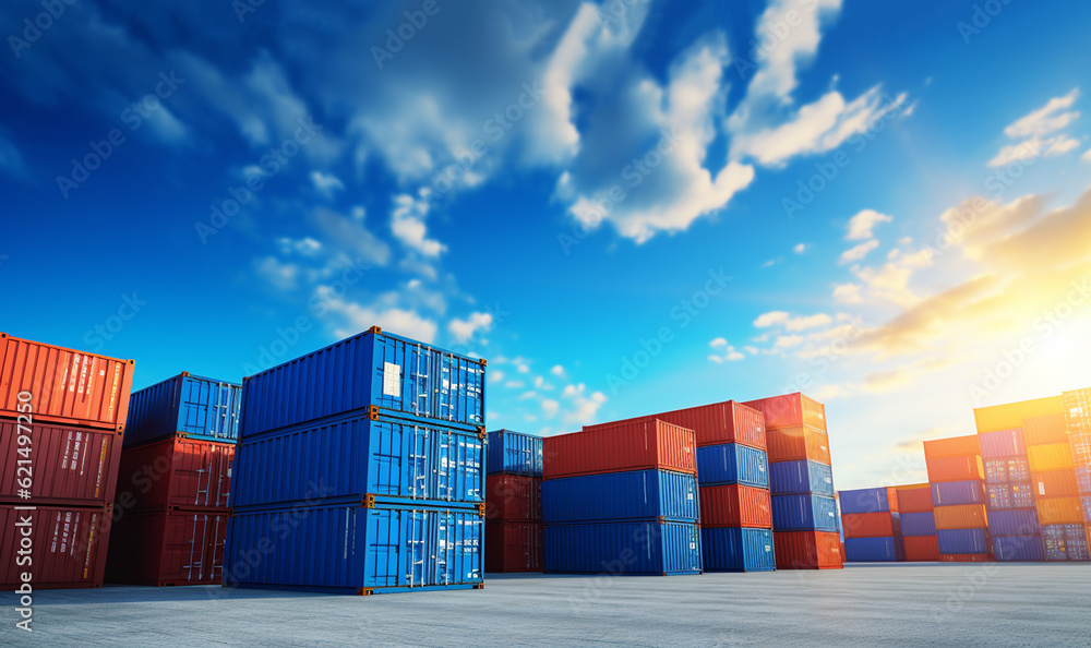 Container Yard on blue sky background and floor ground with copy space ...