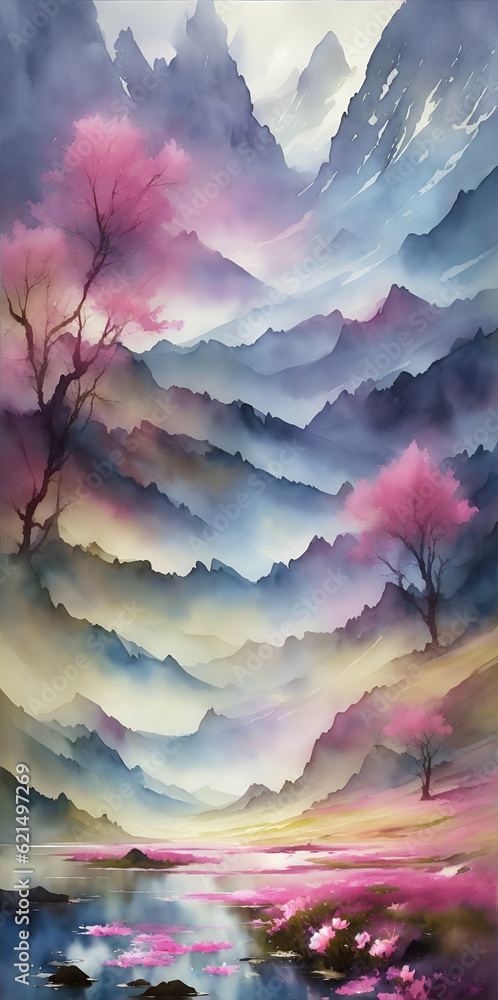 Watercolor mountains meadow landscape. AI generated illustration Watercolor mountains meadow landscape. AI generated illustration
