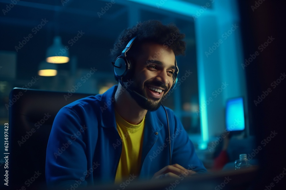 Fototapeta premium Customer service agent working at office. Smiling customer support operator. Call center worker in the office. Generative AI