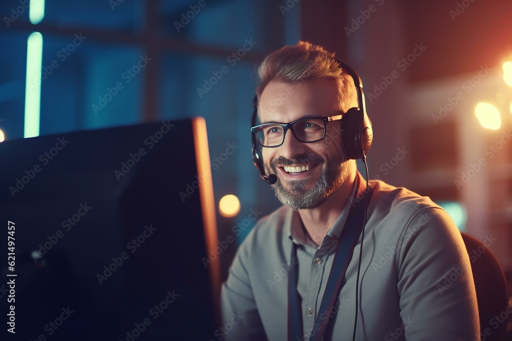 Fototapeta premium Customer service agent working at office. Smiling customer support operator. Call center worker in the office. Generative AI