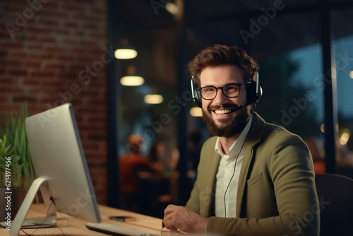 Customer service agent working at office. Smiling customer support operator. Call center worker in the office. Generative AI