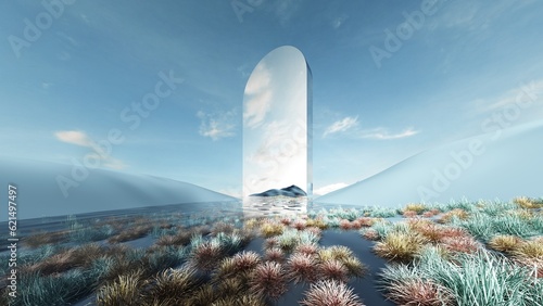 Fantasy world, futuristic fantasy image. 3d render of surreal landscape with water, colorful sand and grass. Podium, display on the background of abstract glass, mirror shapes and objects. 