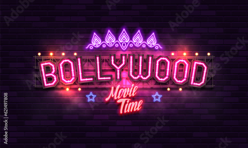 Bollywood indian cinema. Movie banner or poster with retro neon signs. Vector illustration.