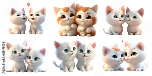 Set of a couple of cats 3D illustrations  and transparent backgrounds.