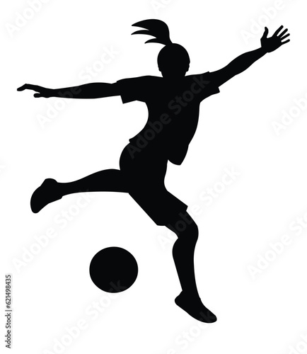 Vector isolated gril silhouette of women's football player jumping up to kick the ball with her foot