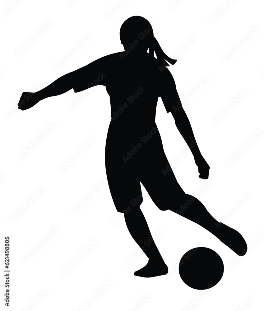 Black isolated silhouette of girl football player dribbling the ball on the field and going to kick a ball