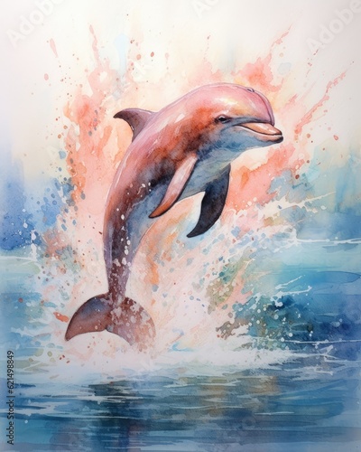 fluidity and unpredictability of watercolors by creating a dynamic and energetic dolphin print. bold brushstrokes and splashes of color to depict the dolphin movement and power photo