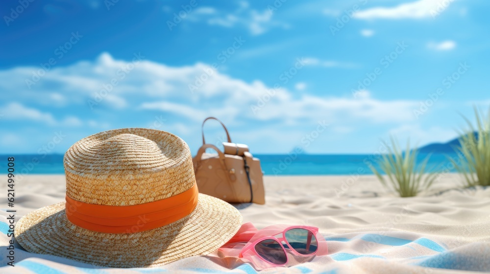 summer beach with travel accessory, 3d render suitcase 3d illustration