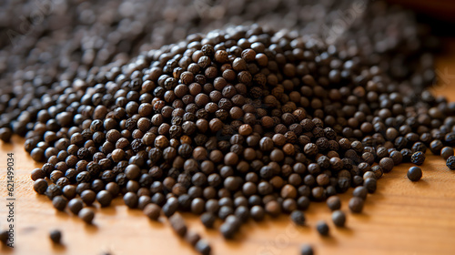 Schwarze Senfkörner sind winzig, rund und schwarz. Black mustard seeds are tiny, round, and black. Generative AI