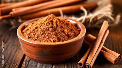 Zimt wird üblicherweise als gerollte Rinde gesehen oder zu einem rotbraunen Pulver gemahlen. Cinnamon is commonly seen as a rolled bark, or ground into a reddish-brown powder. Generative AI photo