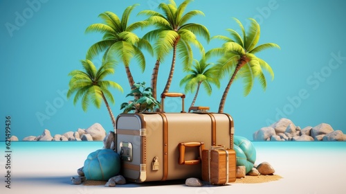 summer beach with travel accessory, 3d render suitcase 3d illustration