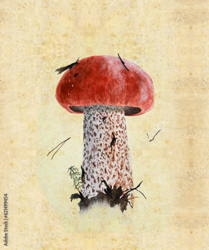 Illustration with watercolor mushroom in the style of vintage lithography
