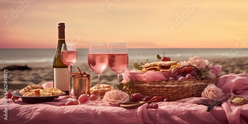 romantic picnic at sea beach with a glass of wine, Generative Ai Fototapet