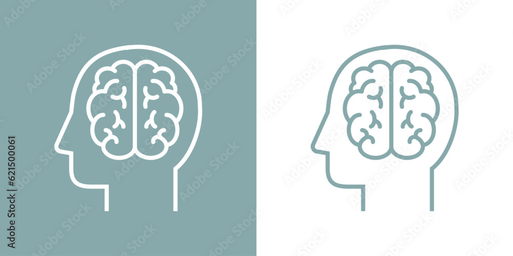Icono inteligencia. Logo silueta de perfil de cabeza humana lineal con cerebro - obrazy, fototapety, plakaty 