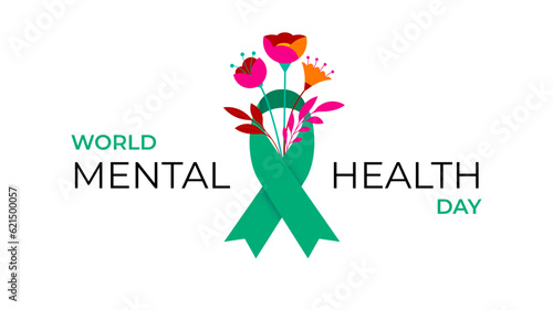 World Mental Health day, concept design with green ribbon and flowers