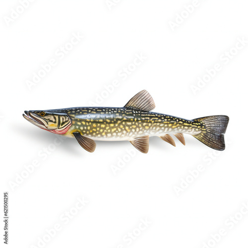 Northern pike fish on white background. 3D illustration digital art design, generative AI