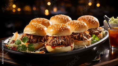  a plate of pulled pork sliders with cole slaw.  generative ai photo