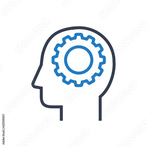 Icono inteligencia artificial. Logo silueta de cabeza humana lineal de perfil con engranaje en lugar del cerebro