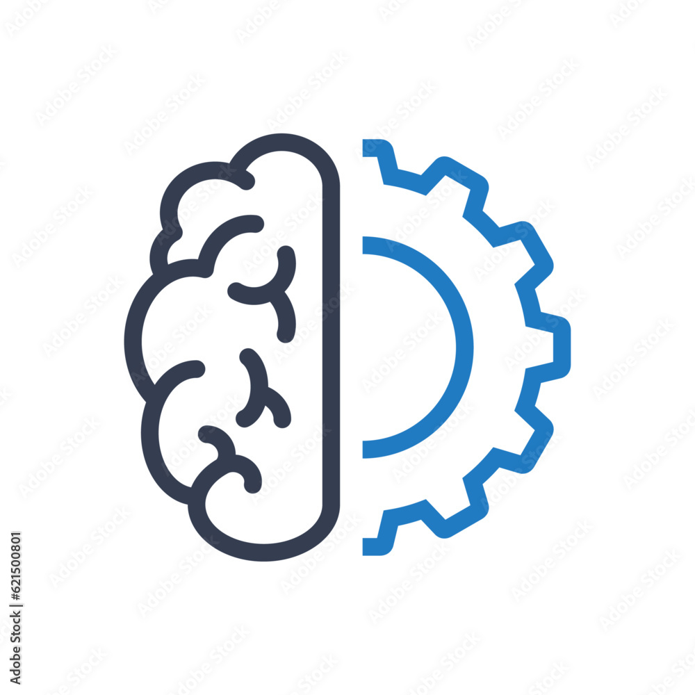 Icono inteligencia artificial. Logo silueta de cerebro con engranaje lineal Icono inteligencia artificial. Logo silueta de cerebro con engranaje lineal