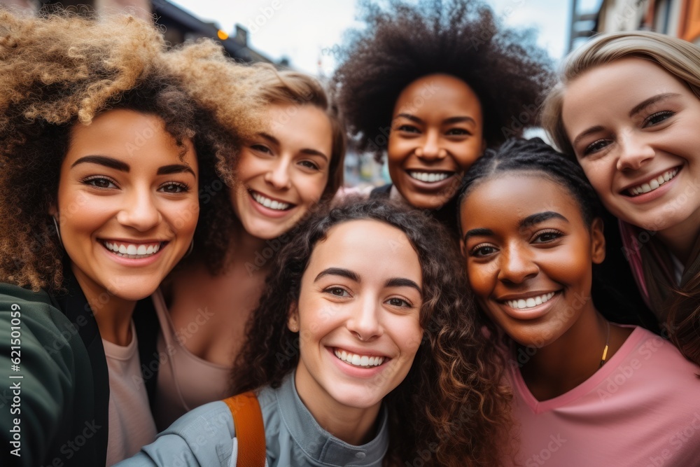 Group of women friends smiling for selfie picture at camera - Happy people having fun together celebrating outside Group of women friends smiling for selfie picture at camera - Happy people having fun together celebrating outside