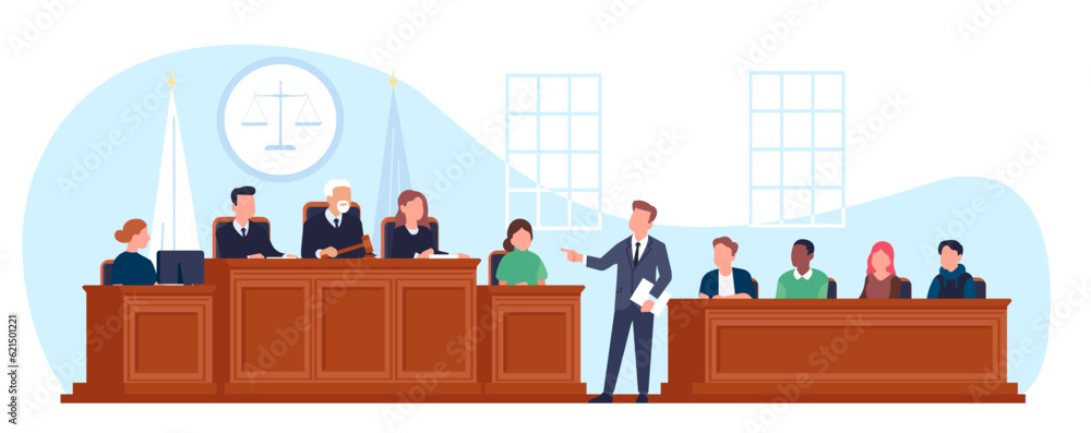 Trial in courtroom. Lawyer asks questions to witness. Courthouse interior. Judge and jury at wooden tribunes. Law tribunal. Prosecutor and defendant attorney. Vector jurisdiction concept - obrazy, fototapety, plakaty 