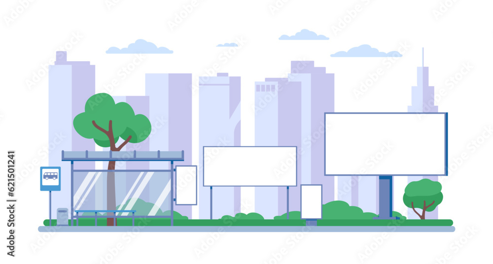 Naklejka premium Urban advertising. White blank billboards and banners. City landscape. Downtown buildings and road signboard. Town marketing boards. Outdoor signage. Promotion lightbox. Vector concept
