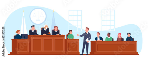 Trial in courtroom. Lawyer asks questions to witness. Courthouse interior. Judge and jury at wooden tribunes. Law tribunal. Prosecutor and defendant attorney. Vector jurisdiction concept